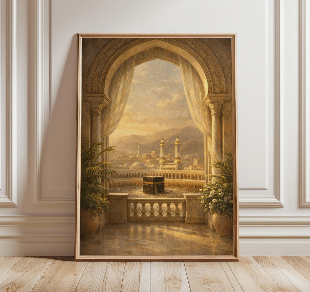 Kaaba wall art with Mecca view through arch window in warm tones