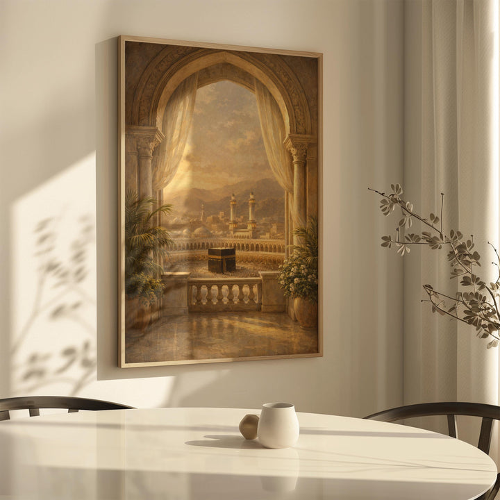 Soft-focus Mecca view with arch frame in luxury Islamic art print