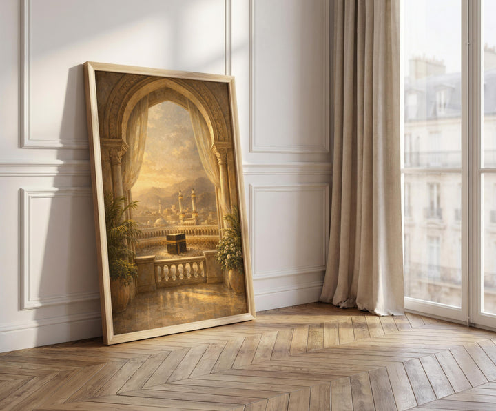 Architectural Islamic art featuring Kaaba framed by window arch