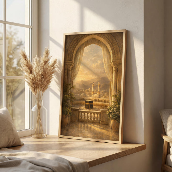 Elegant arch window scene featuring Kaaba-inspired architecture