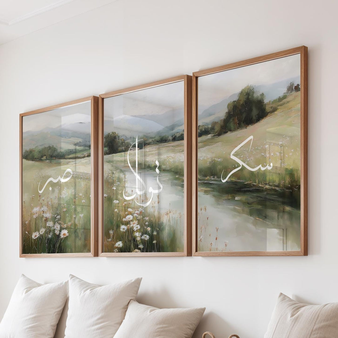 Neutral wall art set blending beige ivory and sage tones