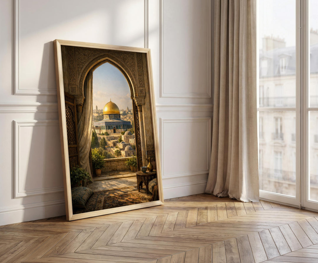 Close-up of ornate arabesque patterns and gold dome detail on wall art print