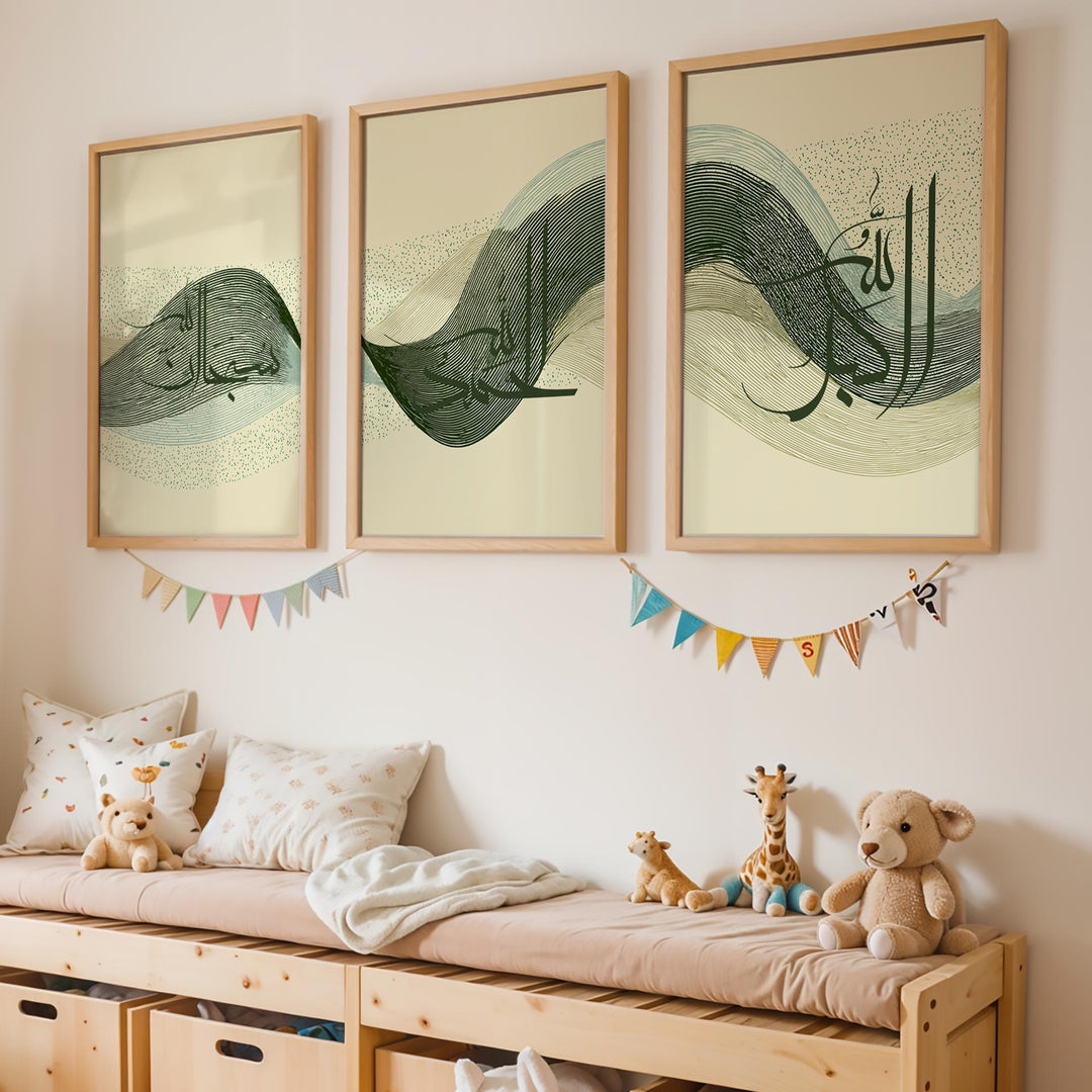 Boho modern Islamic art pieces featuring script and soft sage green tones