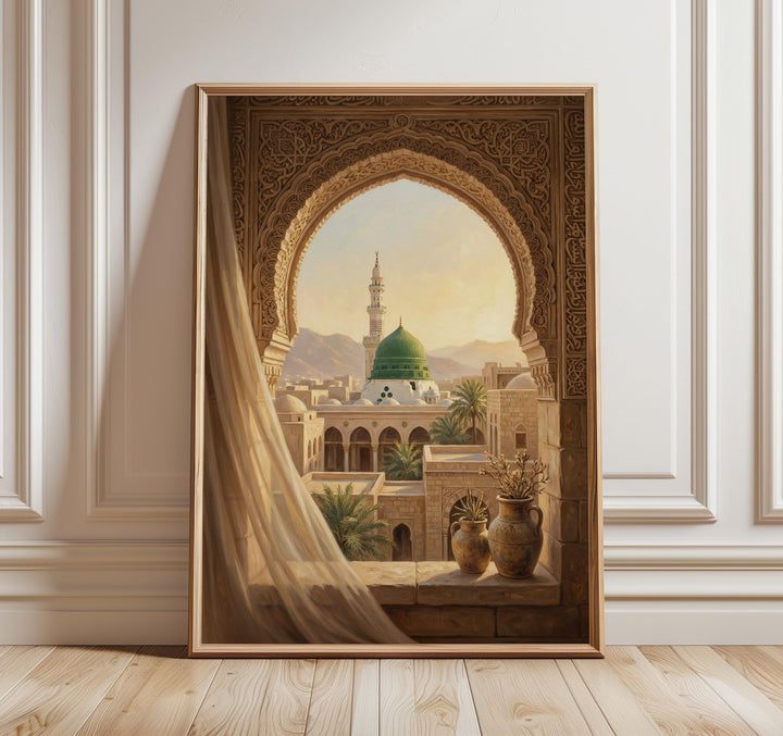Medina wall art print featuring the green dome over Masjid Nabawi with Islamic arches