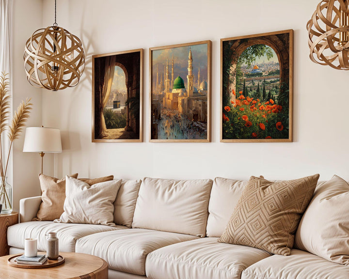Three-panel Islamic triptych wall art closeup