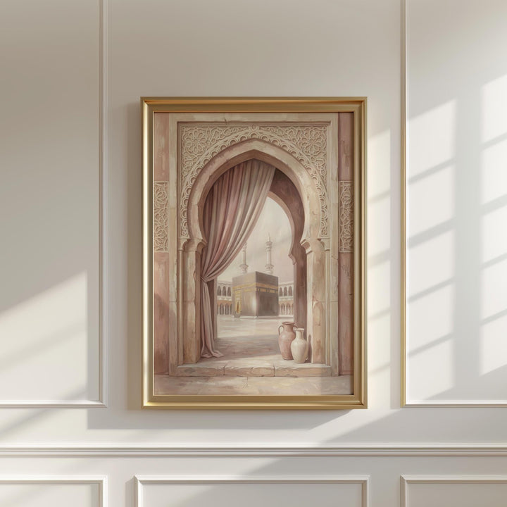 Masjid al Haram inspired abstract Islamic art in soft blush and beige