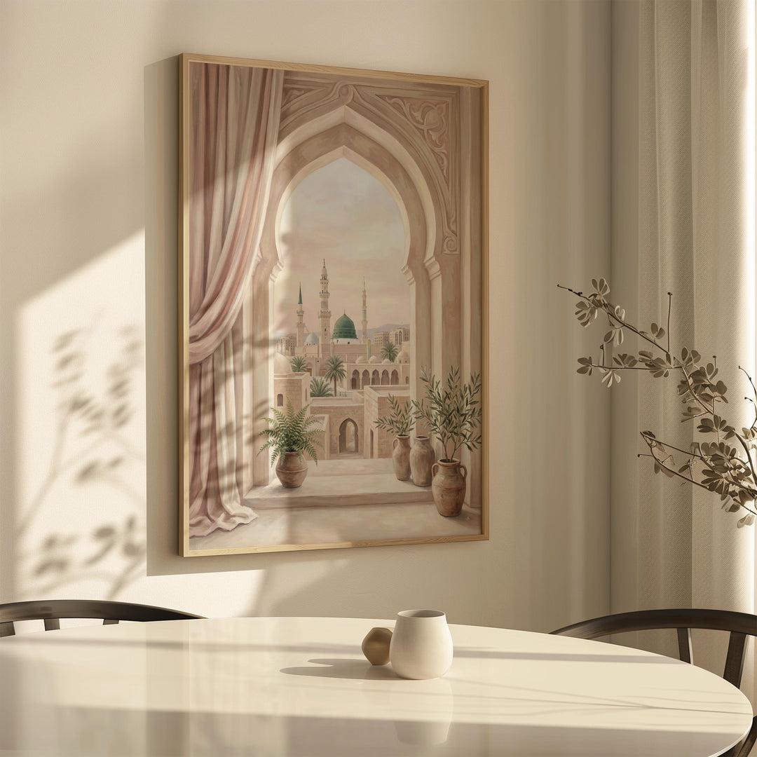 Neutral-toned Islamic wall art with graceful archway design