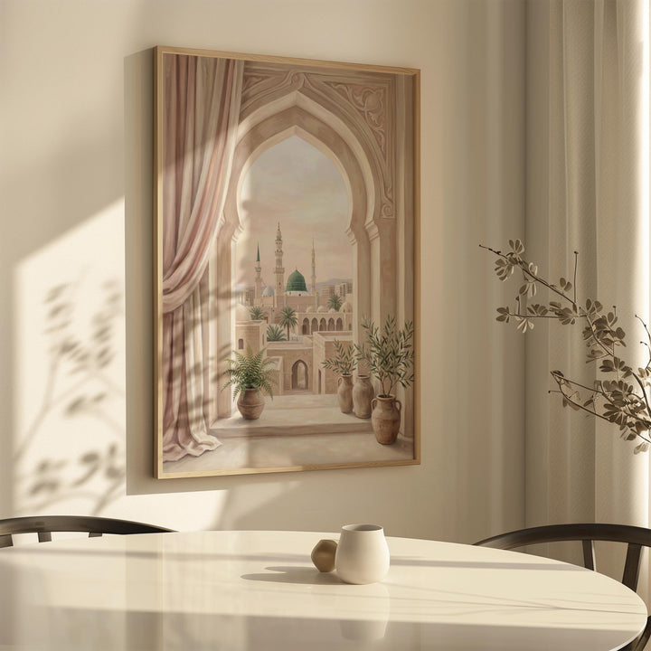Neutral-toned Islamic wall art with graceful archway design