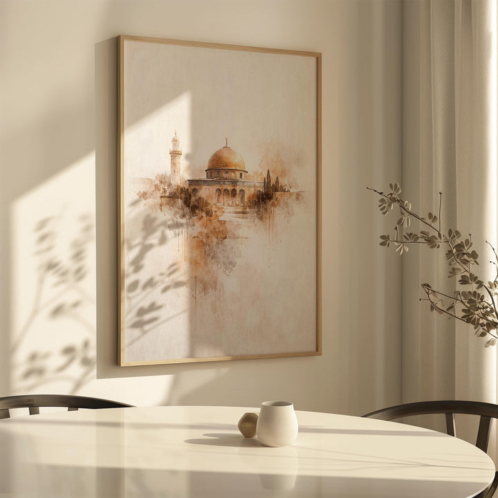 Al Aqsa-inspired wall art with clean lines and calm neutrals