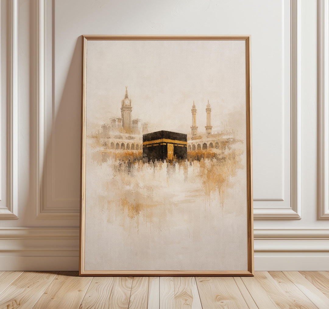 kaaba wall art print with minimalist mecca silhouette in neutral tones