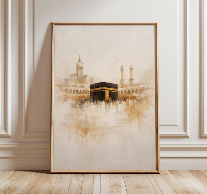 kaaba wall art print with minimalist mecca silhouette in neutral tones