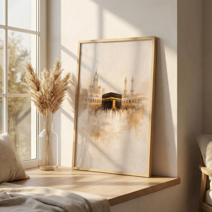 abstract islamic architecture poster featuring mecca motif on white backdrop
