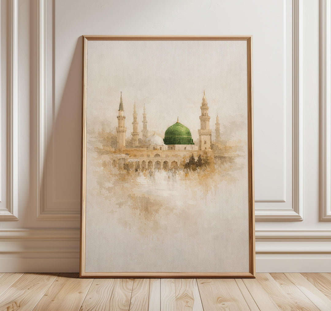 Green Dome wall art print featuring Medina Mosque in soft neutral watercolor style