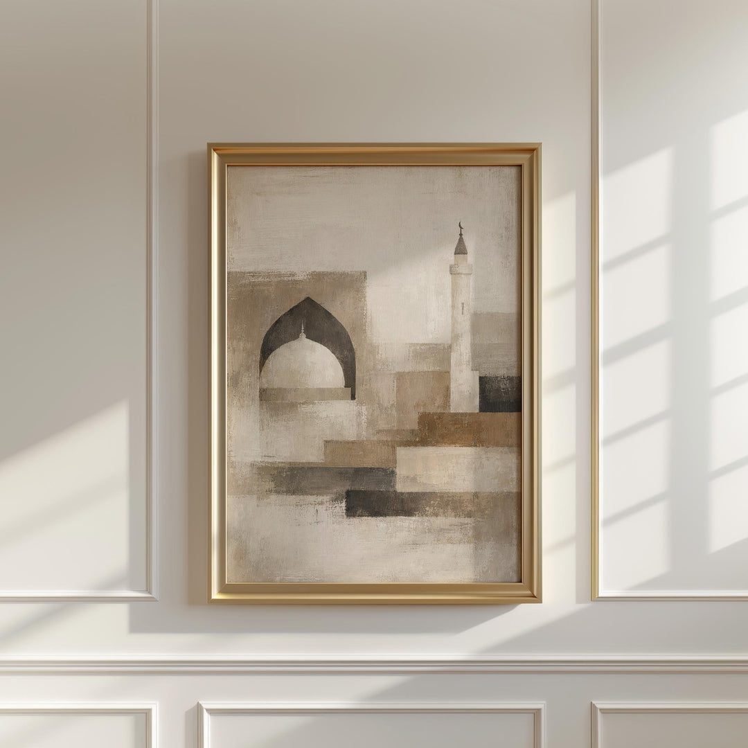 Neutral beige abstract wall art featuring a contemporary mosque arch motif