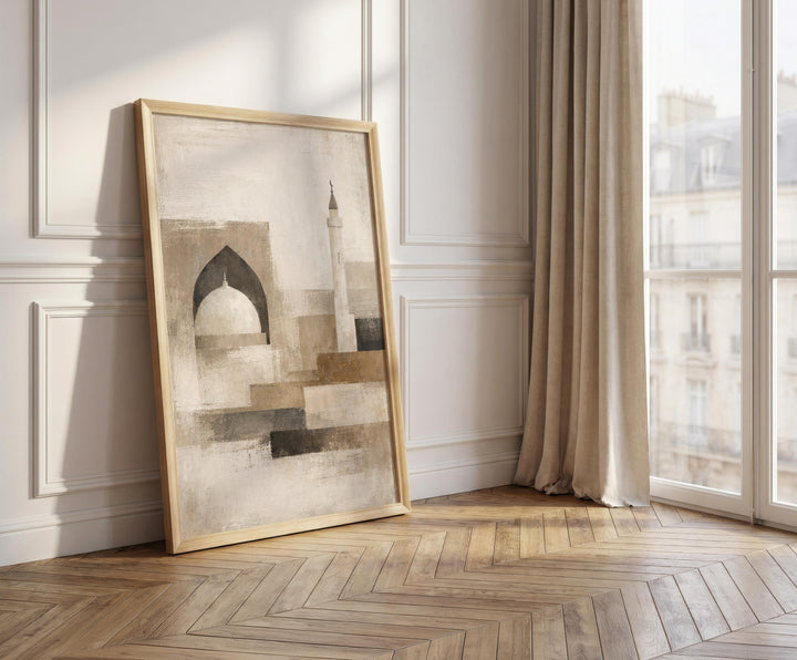 Close-up of a minimalist mosque arch design in warm beige tones for Islamic decor