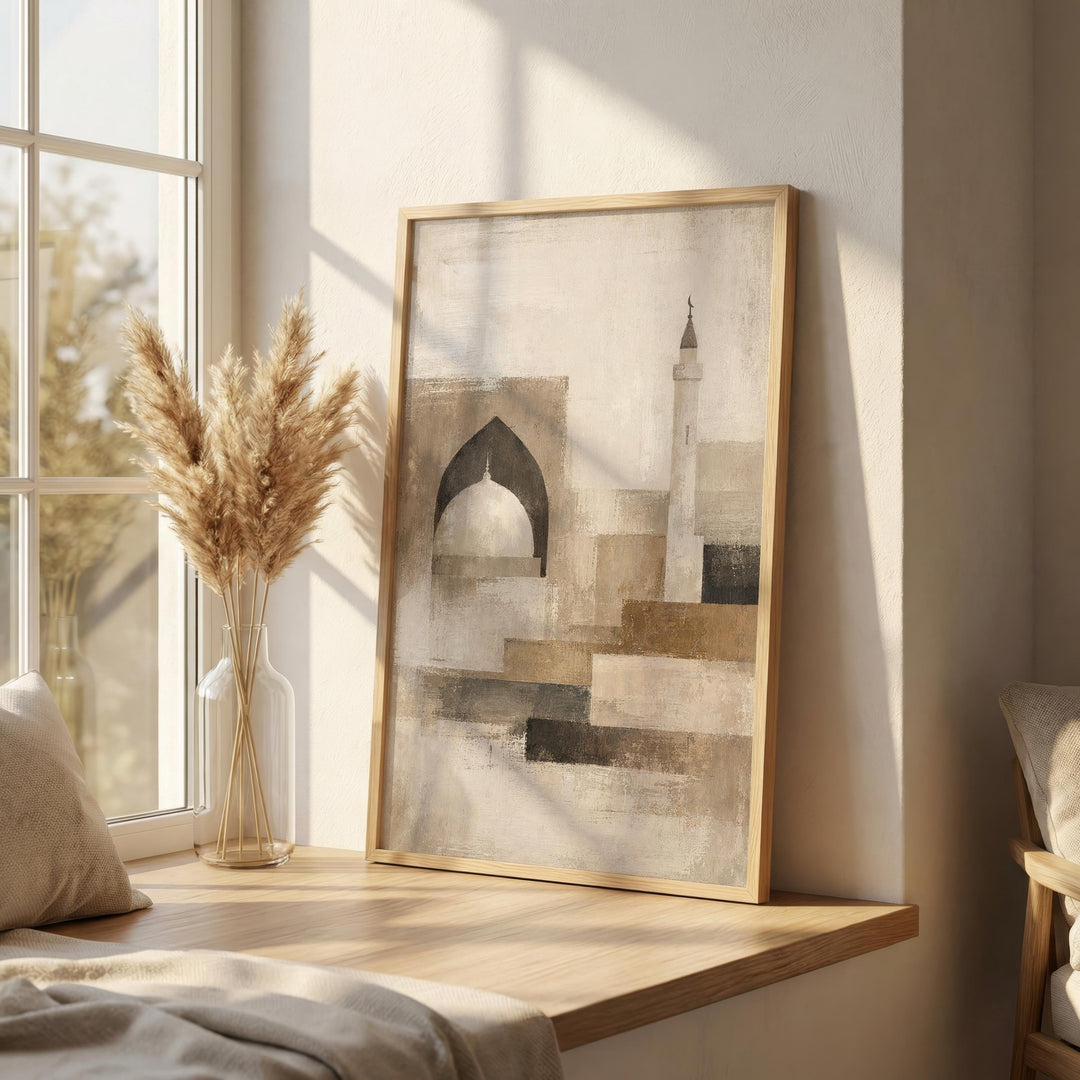 Abstract mosque arch artwork on premium print with soft, warm tones