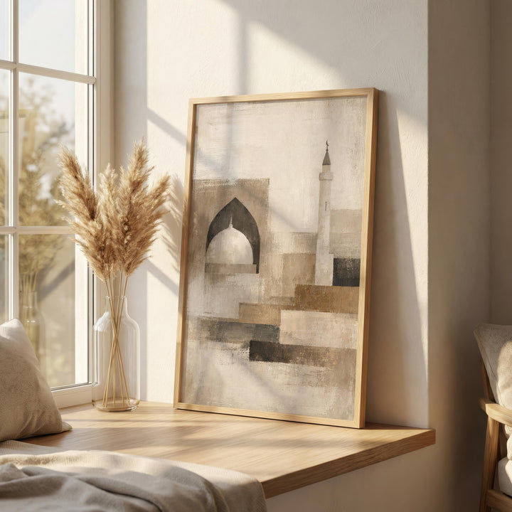 Abstract mosque arch artwork on premium print with soft, warm tones