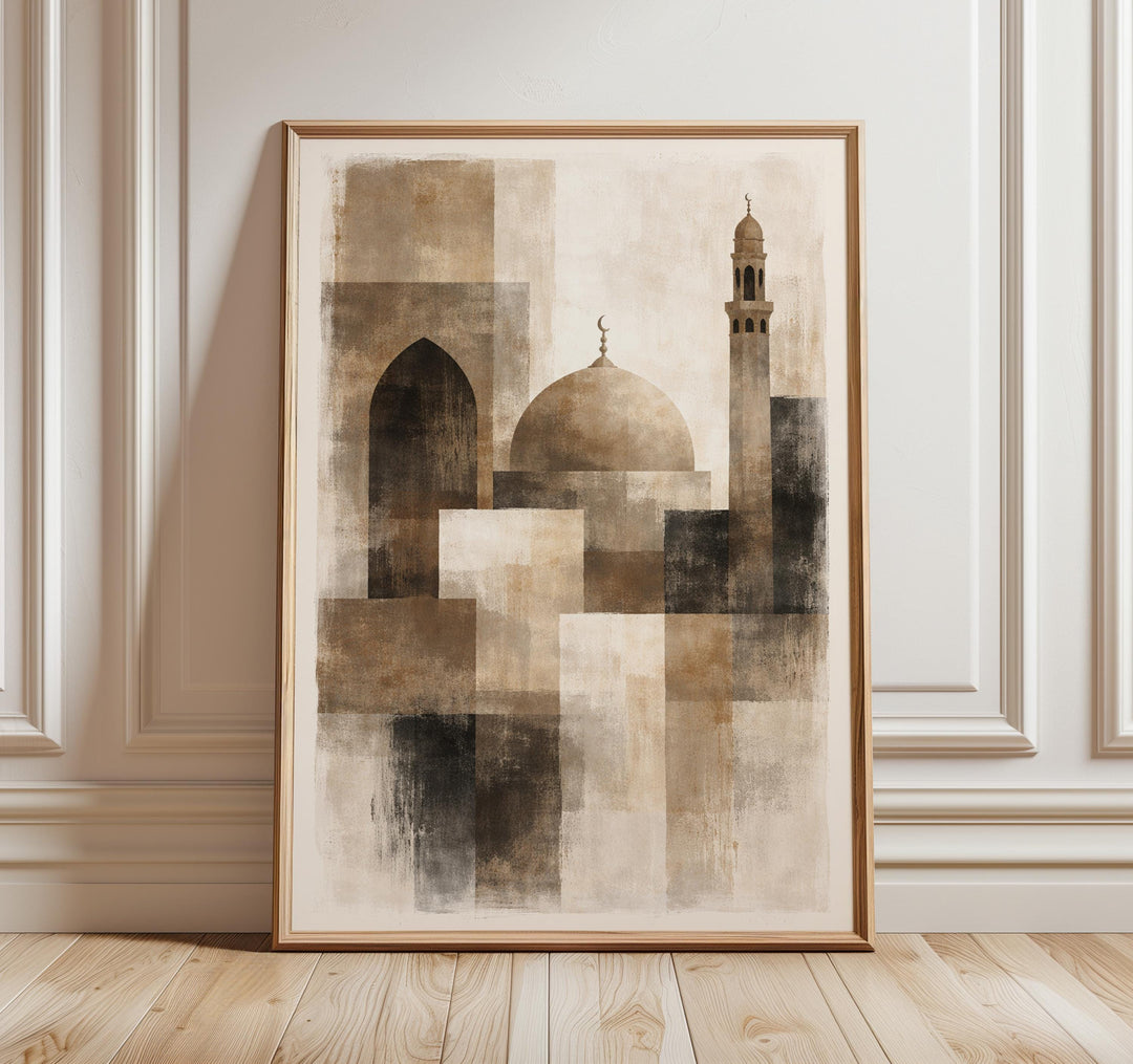 Abstract mosque silhouette in neutral beige on modern Islamic wall art