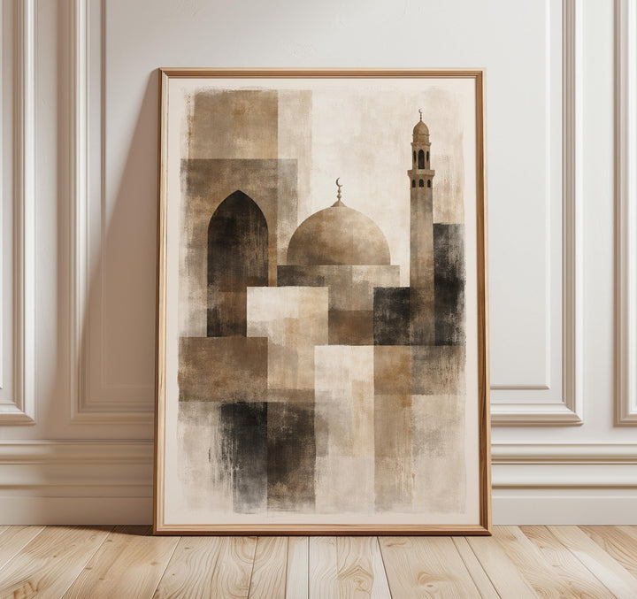 Abstract mosque silhouette in neutral beige on modern Islamic wall art