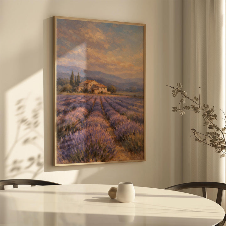 Soft focus lavender meadow with hills and clouds