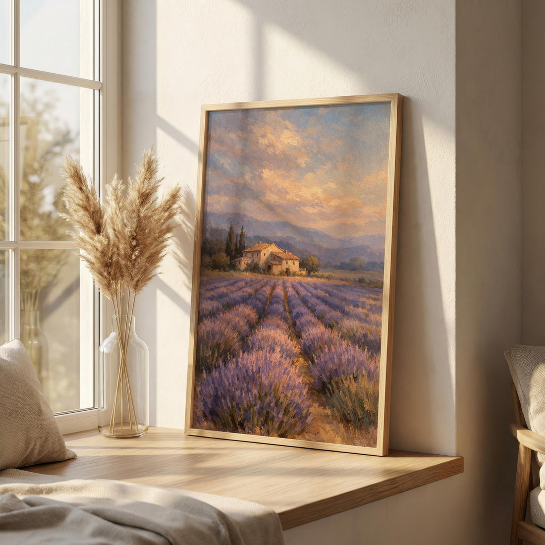 Distant farmhouse visible beyond lavender fields