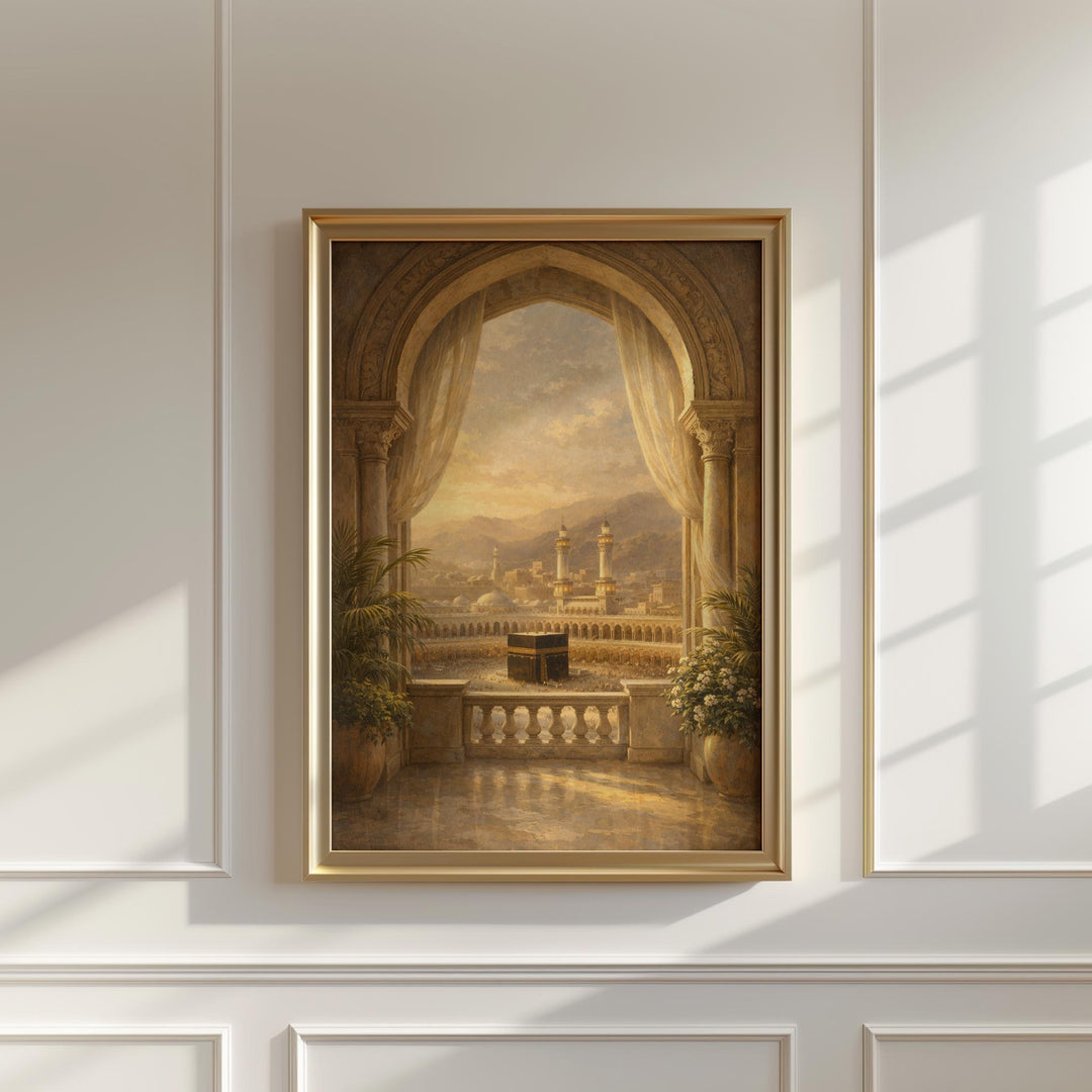 Mecca skyline seen through arched window in premium Islamic wall decor