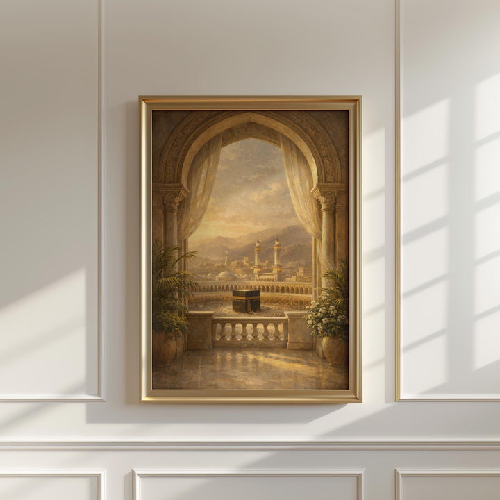 Mecca skyline seen through arched window in premium Islamic wall decor
