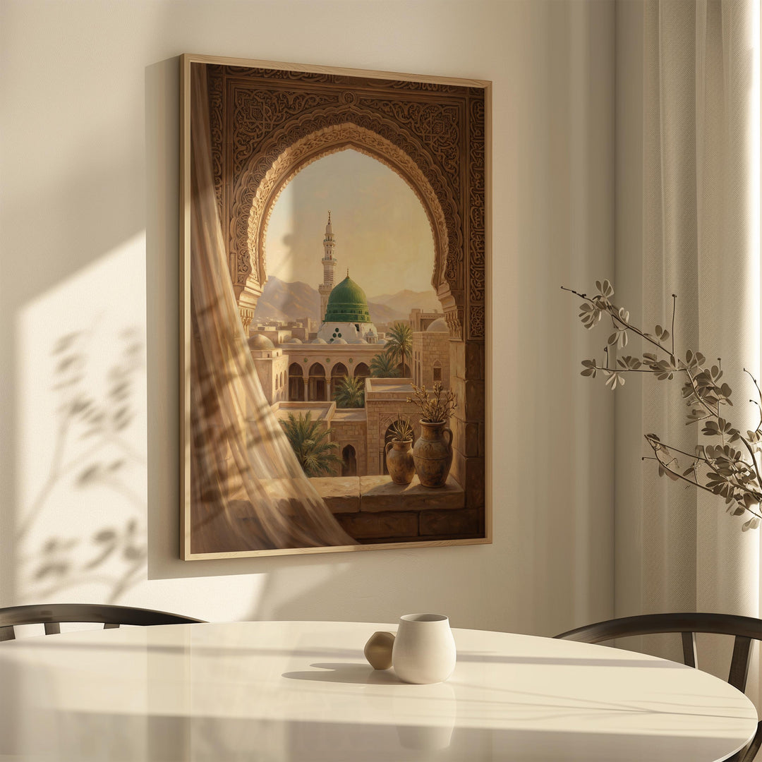 Close-up of arched window and green dome in Medina artwork print