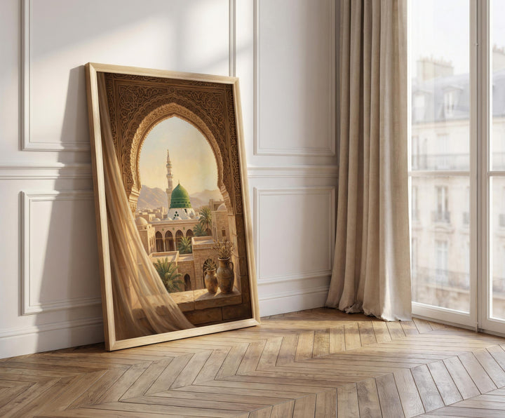 Elegant mosque scene with green dome for wall decor