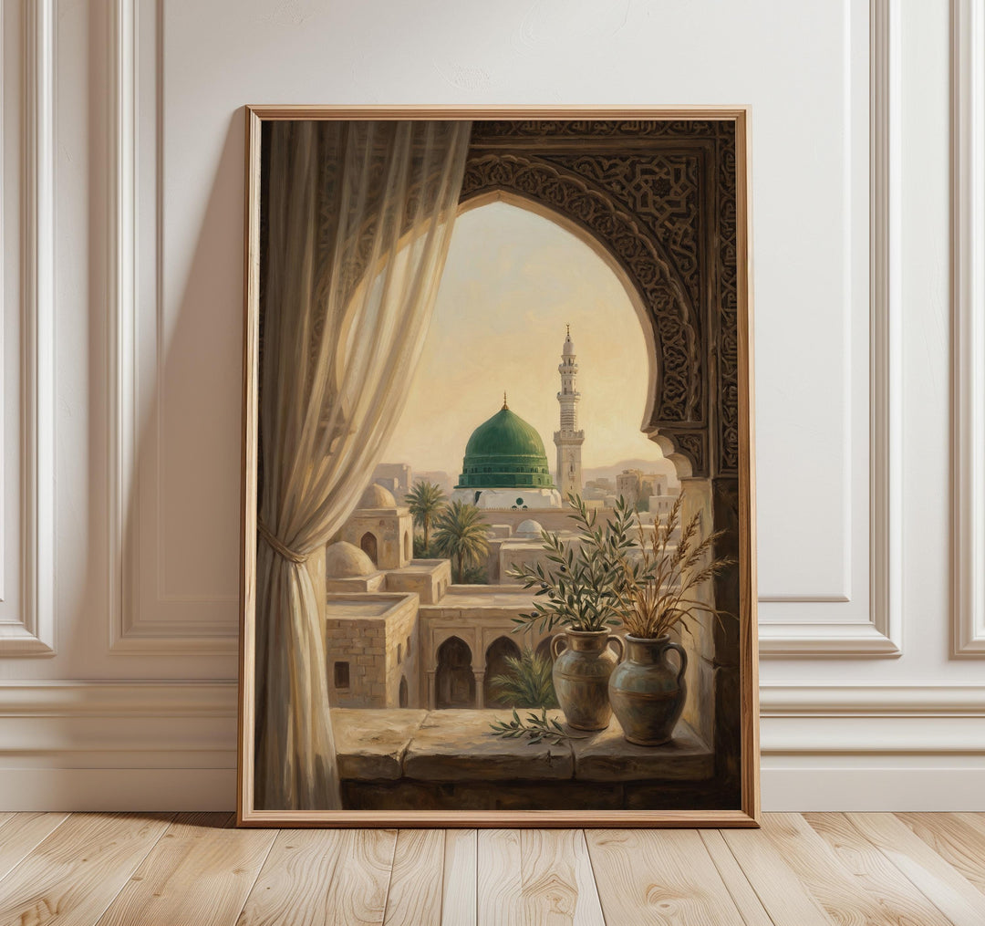 Masjid Nabawi wall art print with Medina green dome and Islamic arch view