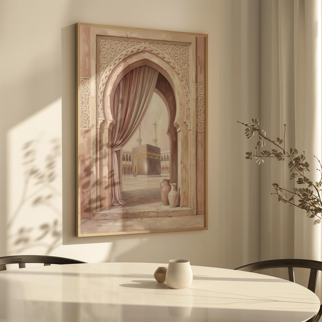 Ready-to-hang premium canvas art with Mecca arch in blush tones