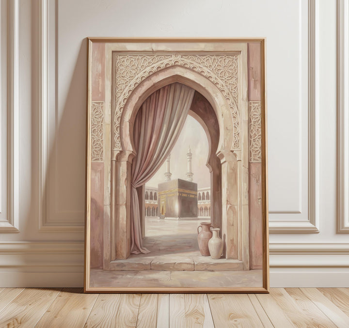 Blush Kaaba wall art close-up of Mecca arch in soft neutrals