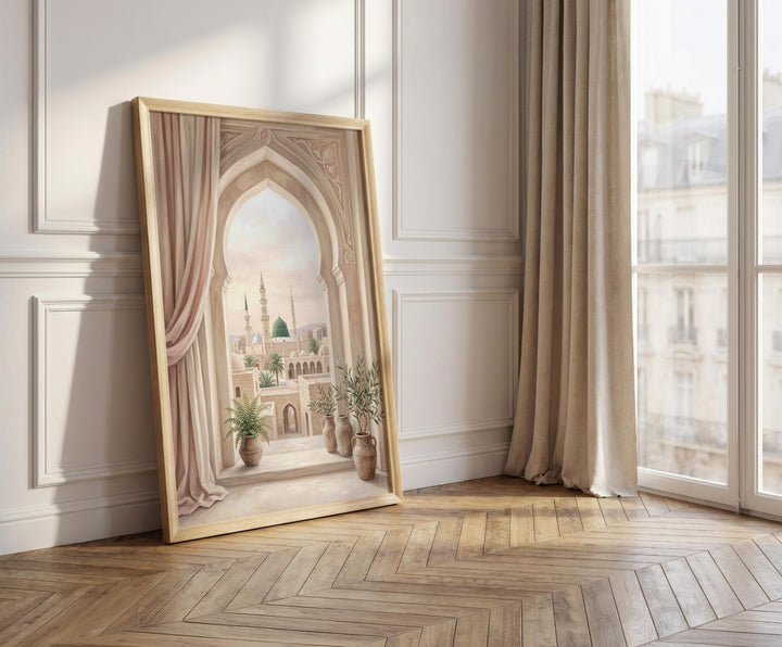 Islamic Masjid Nabawi view artwork in warm blush hues