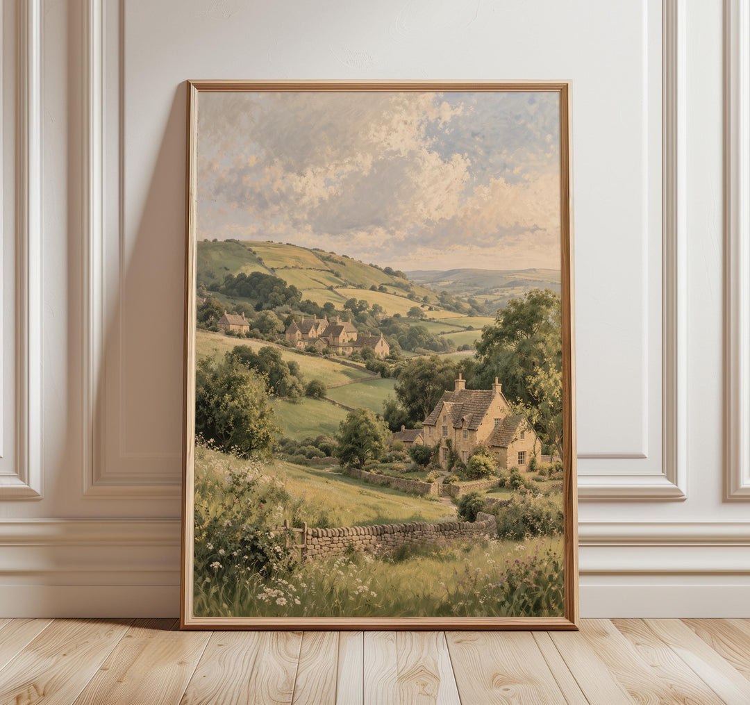 Cotswolds rolling hills landscape print with golden fields for wall decor