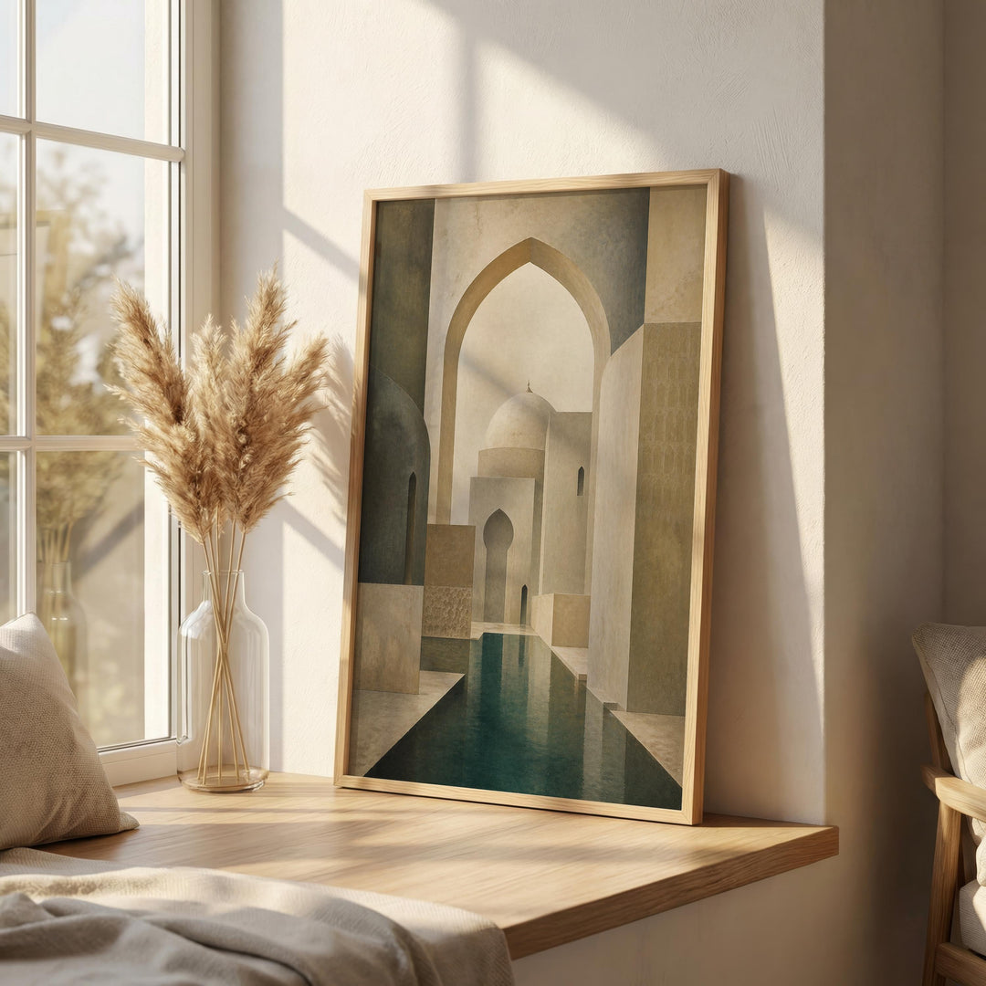 Architectural abstract print showing arch motif in warm beige tones