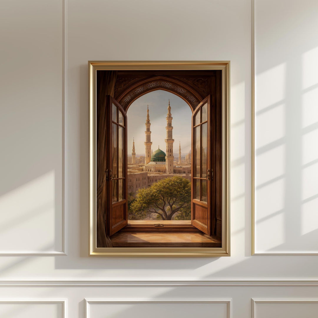 Abstract Islamic art wall print with Medina window scene and muted colors