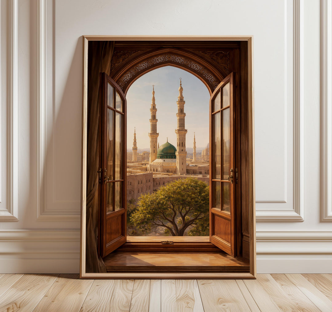 Medina wall art print showing Islamic window view of Al-Masjid an-Nabawi in warm tones
