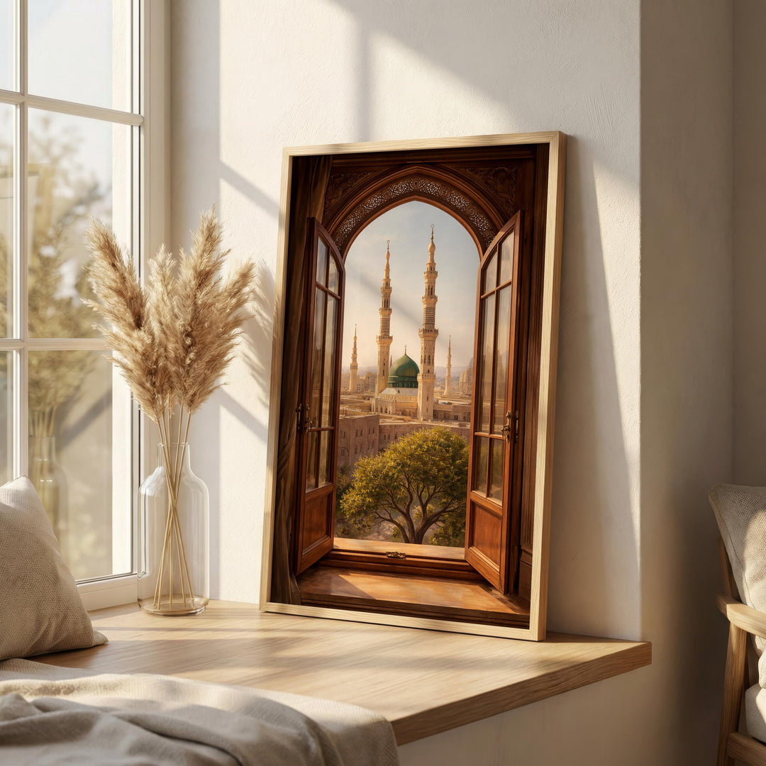 Ornate window frame design with mosque skyline in modern Islamic art style