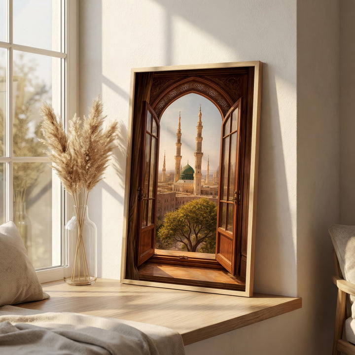 Ornate window frame design with mosque skyline in modern Islamic art style