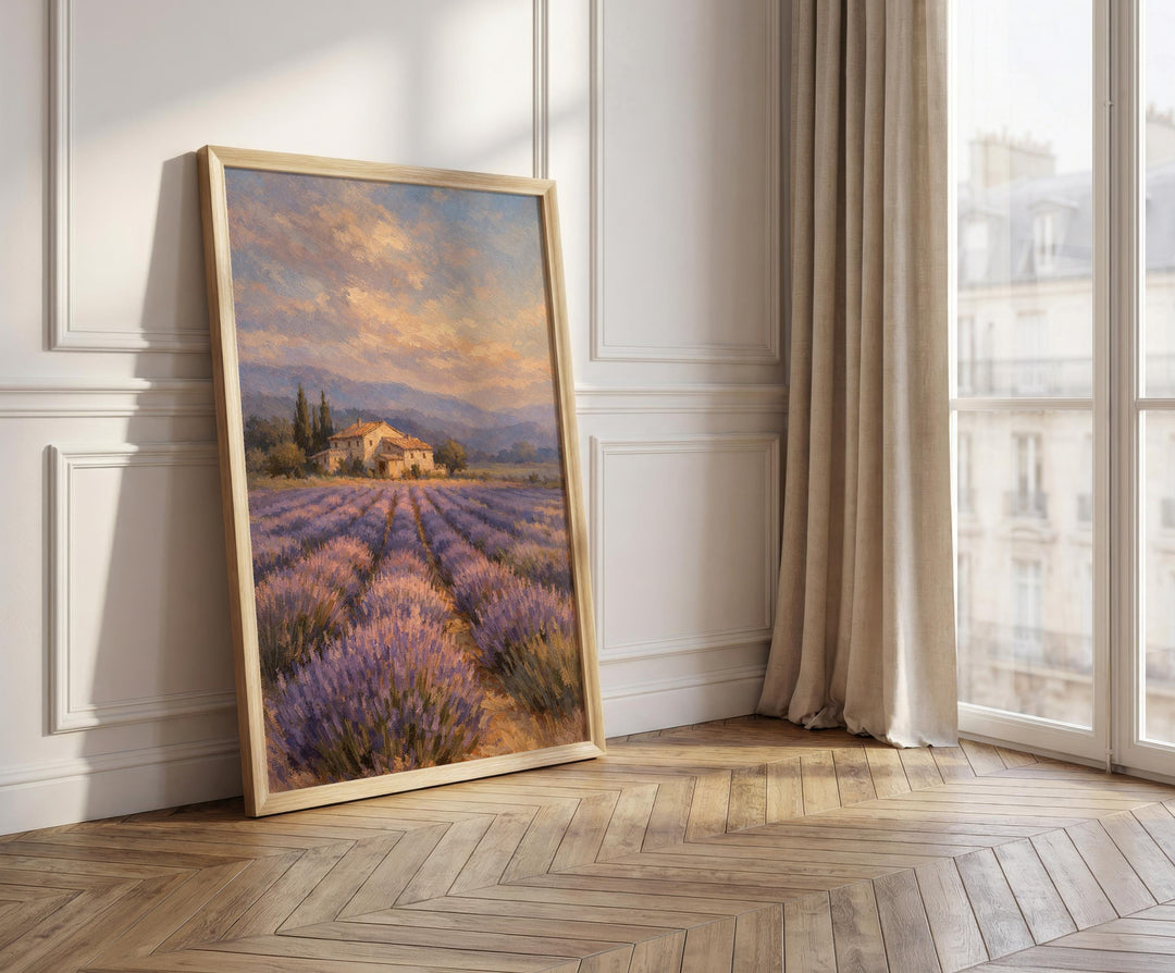 Rows of purple lavender in rustic countryside setting
