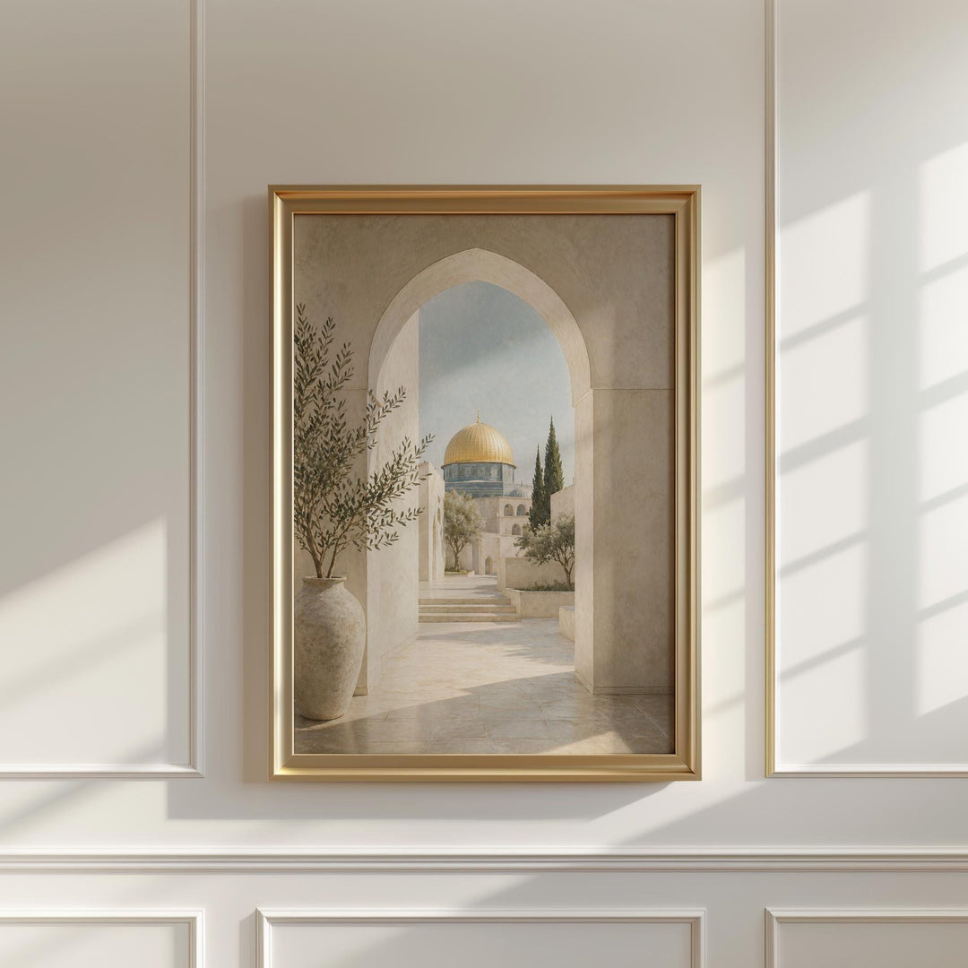 Close-up detail of the golden dome on abstract Islamic wall art