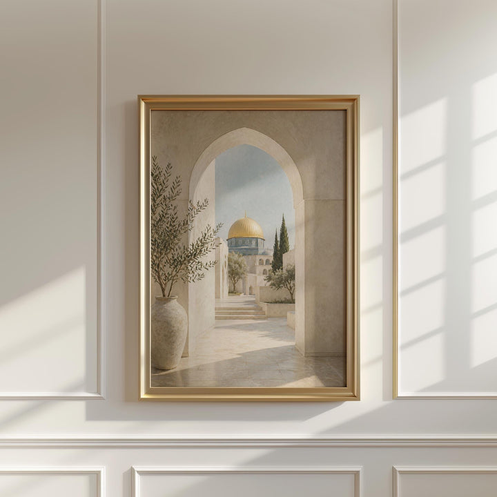 Close-up detail of the golden dome on abstract Islamic wall art