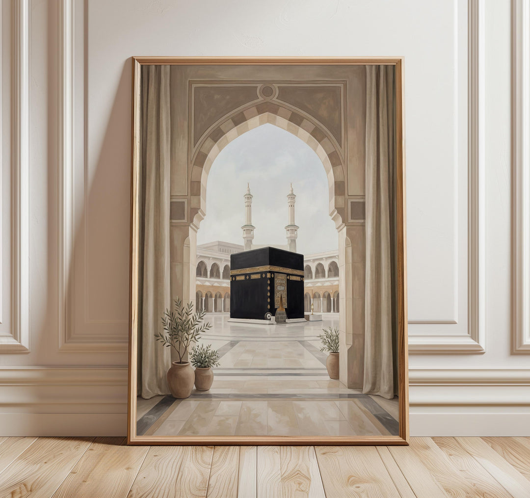 Kaaba wall art print in neutral tones with Mecca skyline