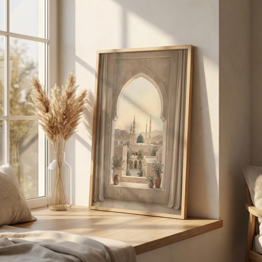 Islamic art poster featuring Medina skyline and Green Dome for home decor
