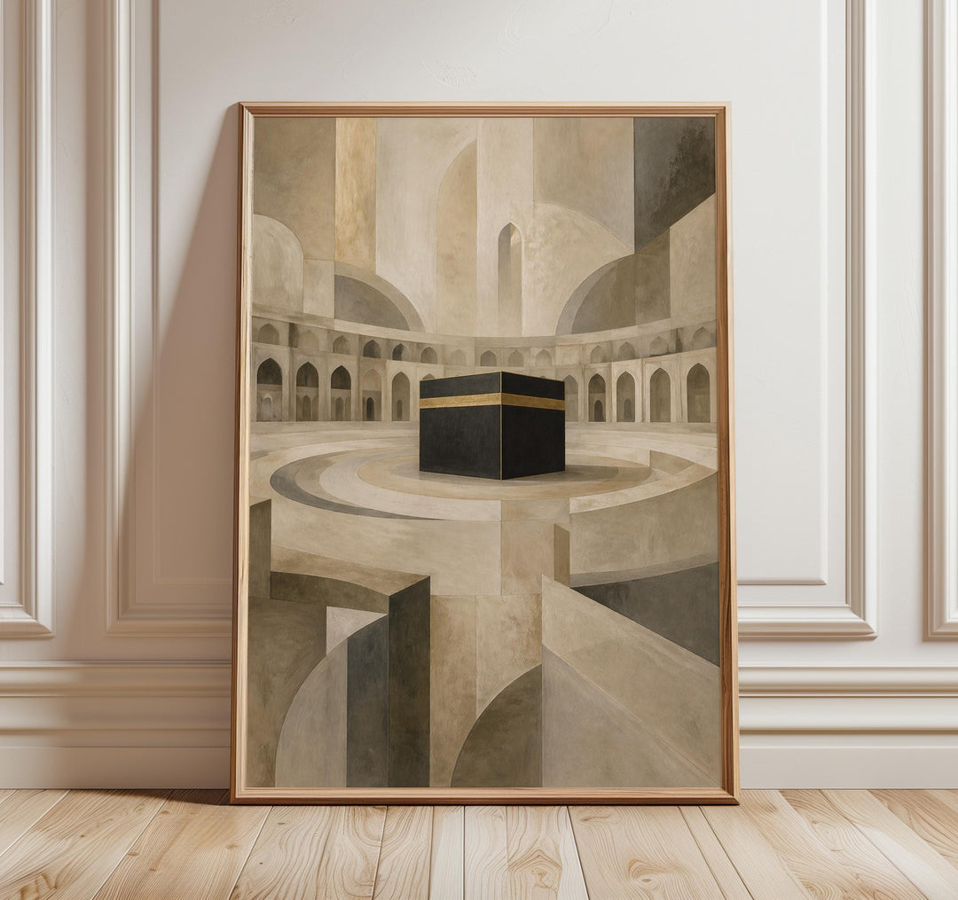Abstract Mecca wall art featuring Kaaba-inspired sacred geometry in beige for modern spaces