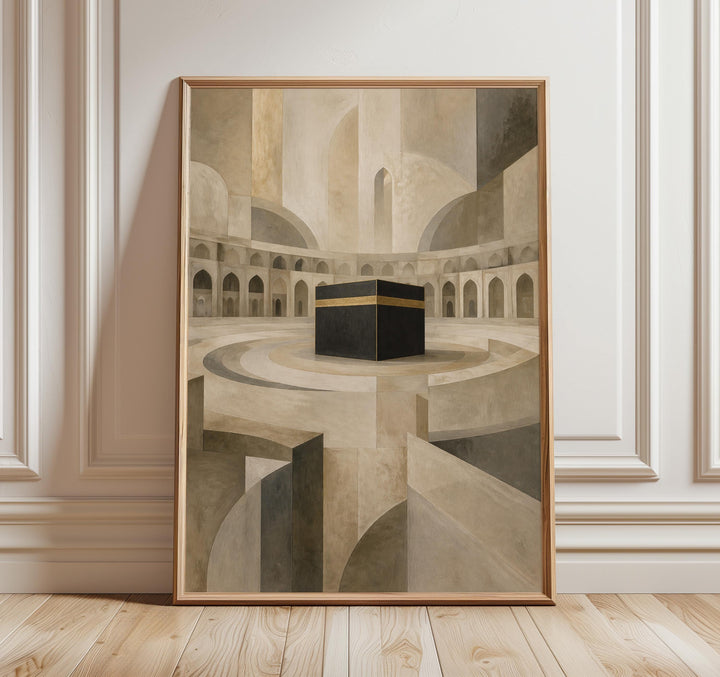 Abstract Mecca wall art featuring Kaaba-inspired sacred geometry in beige for modern spaces