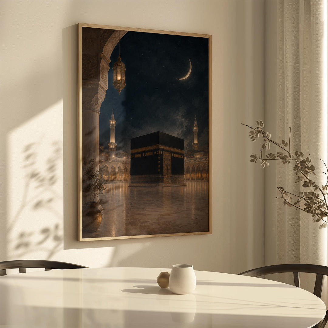Artistic night skyline featuring Kaaba and sacred landmarks