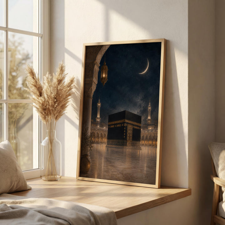 Close-up night scene of Kaaba with starry sky for Islamic decor