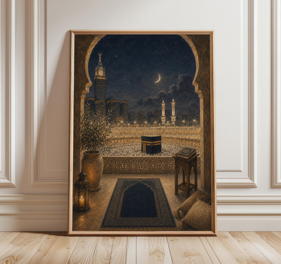 Kaaba wall art featuring crescent moon and mosque silhouette on premium poster paper