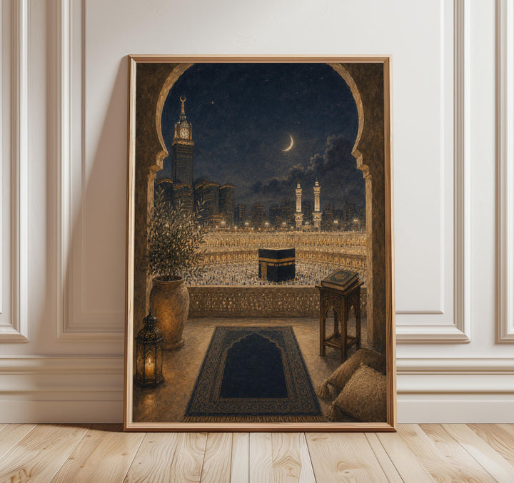 Kaaba wall art featuring crescent moon and mosque silhouette on premium poster paper
